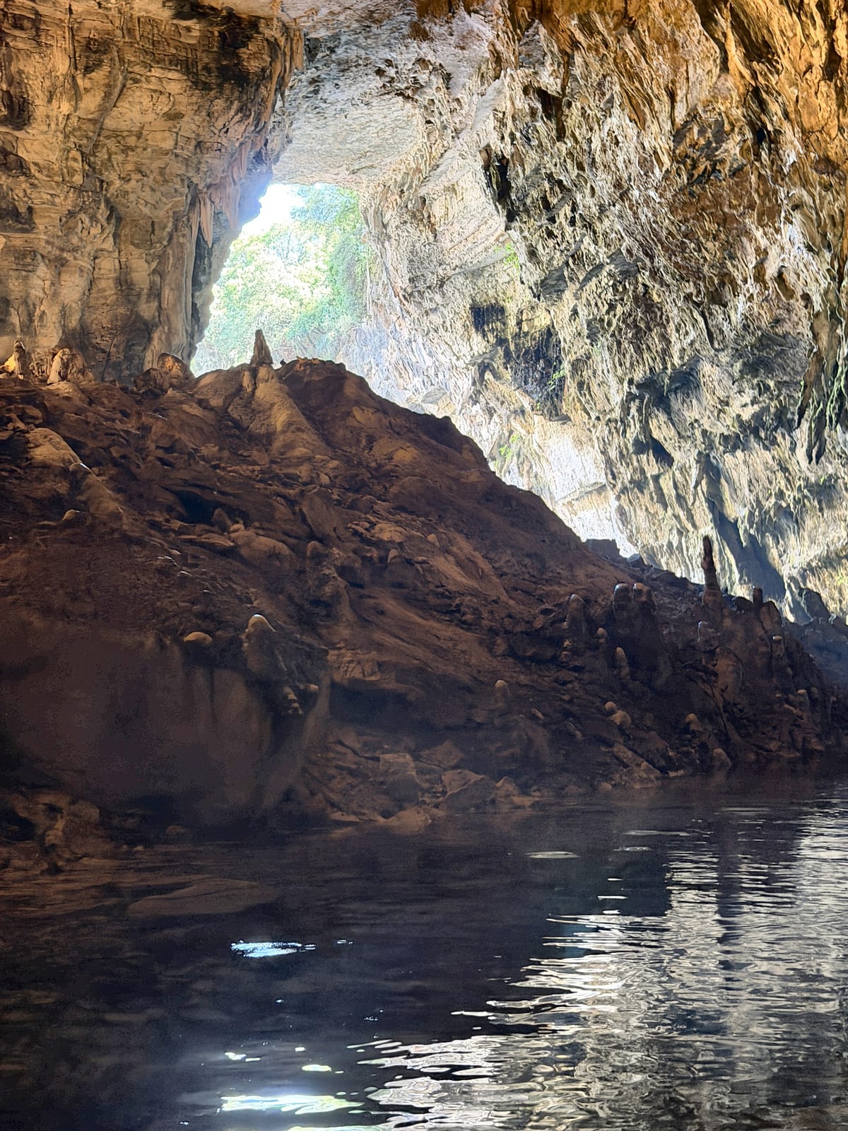 The light shaft through Melissani’s collapsed roof, seen from the lake below